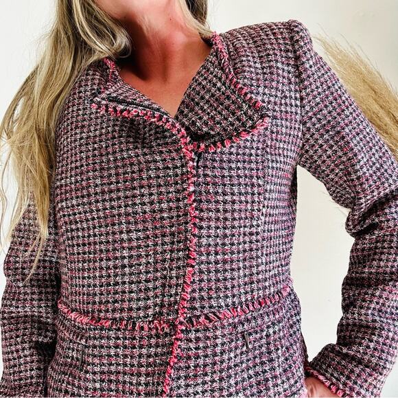 WHBM Pink Black Red Tweed Woven Peplum Ruffle Fringe Moto Zip Blazer Jacket 4 - Picture 5 of 15